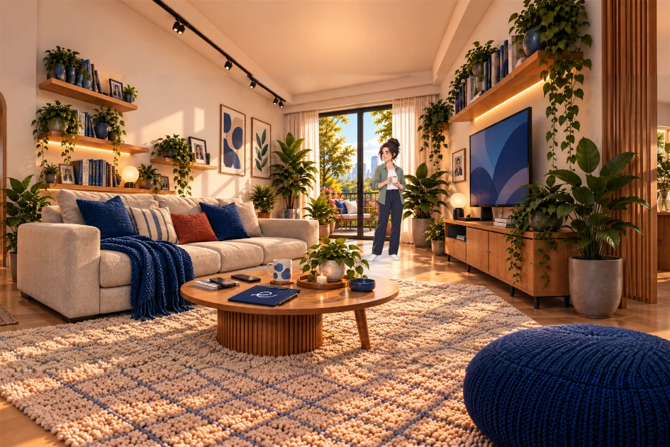 Ilustração da Evi na sala do Evoritmo, perto da janela, em um ambiente com plantas e luz natural.